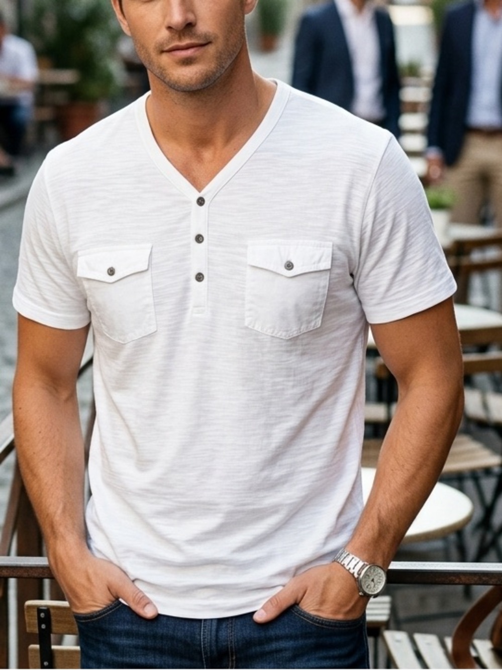 Kenneth Cole Textured Slub Knit Pocket Front Short Sleeve Henley Shirt White XL